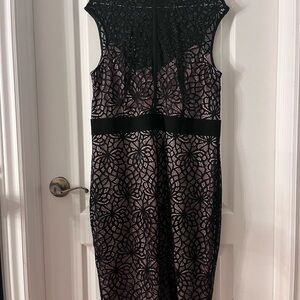 Le Chateau Black and Pink Lace Midi Dress